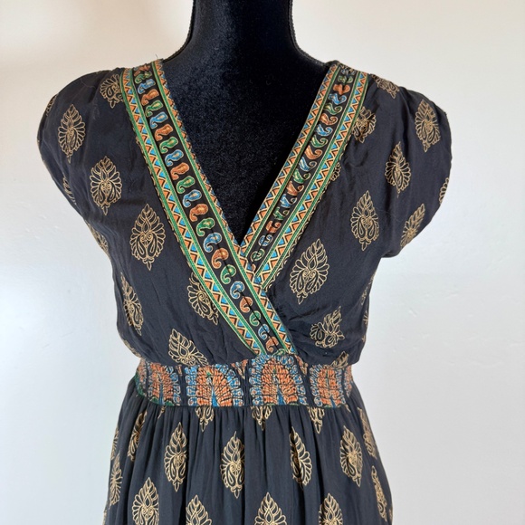 Gorgeous Lapogee Goddess Style Maxi Dress Black Gold Small Cotton Lined Pockets - Picture 2 of 9